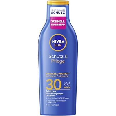 Beiersdorf NIVEA SUN Schutz & Pflege Sonnenlotion LSF 30, wasserfester Sonnenschutz mit Vitamin C & Hyaluron, schnell einziehende Sonnencreme für 48h Feuchtigkeit ohne weißen Film (200 ml) Beiersdorf NIVEA SUN Schutz & Pflege Sonnenlotion LSF 30, wasserfester Sonnenschutz mit Vitamin C & Hyaluron, schnell einziehende Sonnencreme für 48h Feuchtigkeit ohne weißen Film (200 ml)