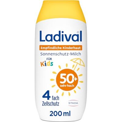 Ladival Empfindliche Kinderhaut Sonnenschutz-Milch LSF 50+: Sonnencreme für Kinder und Babys ab 6 Monaten, extra wasserfest, mit 4-fach Zellschutz, 200ml Ladival Empfindliche Kinderhaut Sonnenschutz-Milch LSF 50+: Sonnencreme für Kinder und Babys ab 6 Monaten, extra wasserfest, mit 4-fach Zellschutz, 200ml