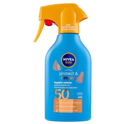 Nivea Sun Protect & Bronze SPF 50 250 ml Sonnencreme 50 Körperbräuner Spray Sonnenschutz 50 mit Melanin-Aktivator Bräunungsbeschleuniger wasserfest, fettet nicht Nivea Sun Protect & Bronze SPF 50 250 ml Sonnencreme 50 Körperbräuner Spray Sonnenschutz 50 mit Melanin-Aktivator Bräunungsbeschleuniger wasserfest, fettet nicht