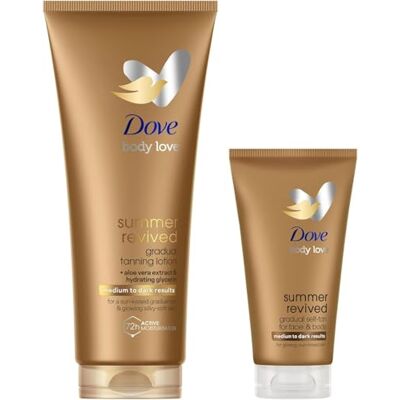 Dove Kit Selbstbräunungslotion Summer Revived, Für Gesicht und Körper, Mittlere und Dunkle Hauttypen, Stufenweise Bräune, Strahlende Haut, 72H Feuchtigkeit, Mit Aloe Vera, 1x 200 ml + 1x 75 ml Dove Kit Selbstbräunungslotion Summer Revived, Für Gesicht und Körper, Mittlere und Dunkle Hauttypen, Stufenweise Bräune, Strahlende Haut, 72H Feuchtigkeit, Mit Aloe Vera, 1x 200 ml + 1x 75 ml