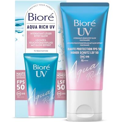 Bioré UV Aqua Rich Gesichtssonnenschutz LSF/SPF 50 Leichtes Feuchtigkeitsfluid Mit Glow-Effekt Inhalt. 50 ml Mit 1% Niacinamide Nicht fettend Bioré UV Aqua Rich Gesichtssonnenschutz LSF/SPF 50 Leichtes Feuchtigkeitsfluid Mit Glow-Effekt Inhalt. 50 ml Mit 1% Niacinamide Nicht fettend