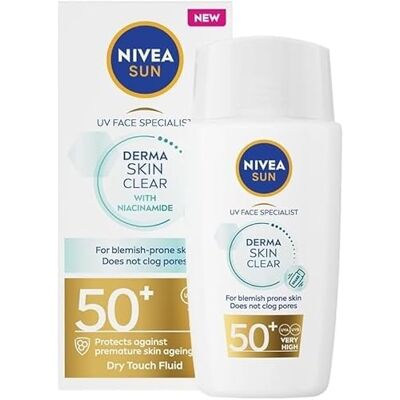 Nivea Sun – UV-Flüssigkeit für Gesicht Derma Skin Clear LSF 50+ – Sonnenschutz UVA/UVB – beugt Akne vor, nicht komedogen – Niacinamid – leichte & nicht fettende Formel – normale Haut – 40 ml Nivea Sun – UV-Flüssigkeit für Gesicht Derma Skin Clear LSF 50+ – Sonnenschutz UVA/UVB – beugt Akne vor, nicht komedogen – Niacinamid – leichte & nicht fettende Formel – normale Haut – 40 ml