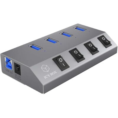 ICY BOX IB-Hub1405 4-fach USB 3.0 Hub und Ladegerät, An-/Ausschalter für jeden Port, Netzteil (5V/4A), Aluminium, Ladestandard BC 1.2, grau ICY BOX IB-Hub1405 4-fach USB 3.0 Hub und Ladegerät, An-/Ausschalter für jeden Port, Netzteil (5V/4A), Aluminium, Ladestandard BC 1.2, grau