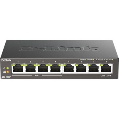 D-Link DGS-1008P, 8-port layer 2 unmanaged gigabit switch (4x PoE + 4x gigabit, 60W PoE-kapazität, plug & play, lüfterlos, metallgehäuse) D-Link DGS-1008P, 8-port layer 2 unmanaged gigabit switch (4x PoE + 4x gigabit, 60W PoE-kapazität, plug & play, lüfterlos, metallgehäuse)