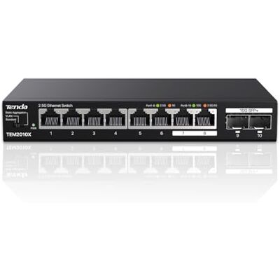 Tenda 2.5 Gbit Switch mit 8X 2.5G Ports & 2X 10G SFP+ Ports (VLAN, Statische Aggregation, Lüfterlos, Plug & Play, Desktop-/Wandmontage, Unmanaged, Metallgehäuse) (TEM2010X) Tenda 2.5 Gbit Switch mit 8X 2.5G Ports & 2X 10G SFP+ Ports (VLAN, Statische Aggregation, Lüfterlos, Plug & Play, Desktop-/Wandmontage, Unmanaged, Metallgehäuse) (TEM2010X)
