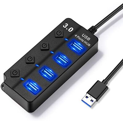 Hoppac USB-Hub, 4 Ports USB-Splitter mit unabhängigen Schalterungen, 1 USB-3.0-Anschlüsse, 3 USB-2.0-Adapter für PC, mit LED-Licht, mehrfacher USB-Buchse für schnelle Datenübertragung, Schwarz Hoppac USB-Hub, 4 Ports USB-Splitter mit unabhängigen Schalterungen, 1 USB-3.0-Anschlüsse, 3 USB-2.0-Adapter für PC, mit LED-Licht, mehrfacher USB-Buchse für schnelle Datenübertragung, Schwarz