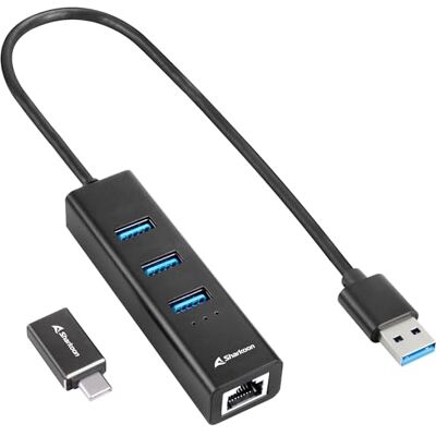 Sharkoon 3-Port USB 3.2 GEN 1 Aluminium Hub, RJ45 Ethernet Adapter, Schwarz Sharkoon 3-Port USB 3.2 GEN 1 Aluminium Hub, RJ45 Ethernet Adapter, Schwarz