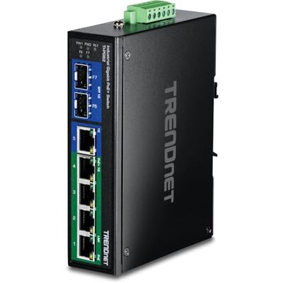 TRENDnet , TI-PG62, Ruggedized Industrial 6-Port Gigabit PoE + DIN Rail Switch, 4-Port Gigabit PoE +, Shared Gigabit Port (RJ-45 / SFP), Dedizierter SFP, 120 W Leistungsbudget, IP30, Schwarz TRENDnet , TI-PG62, Ruggedized Industrial 6-Port Gigabit PoE + DIN Rail Switch, 4-Port Gigabit PoE +, Shared Gigabit Port (RJ-45 / SFP), Dedizierter SFP, 120 W Leistungsbudget, IP30, Schwarz