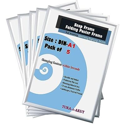 TUKA-i-AKUT 5er A1 Klapprahmen aus Aluminium 25 mm Profil, Plakatrahmen Wechselrahmen Poster Rahmen Schnapprahmen Aufklappbar mit Schutzscheibe Befestigungsmaterial, Silber Farbe, TKD8420-A1-5X TUKA-i-AKUT 5er A1 Klapprahmen aus Aluminium 25 mm Profil, Plakatrahmen Wechselrahmen Poster Rahmen Schnapprahmen Aufklappbar mit Schutzscheibe Befestigungsmaterial, Silber Farbe, TKD8420-A1-5X