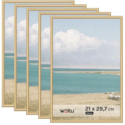 WOLTU Bilderrahmen DIN A4, 5er Set, Gold Collage Wanddeko, Fotorahmen mit Passepartout, 21x29,7 cm,mehrere bilder, Posterrahmen zum vertikalen oder horizontalen Aufhängen/Aufstellen WOLTU Bilderrahmen DIN A4, 5er Set, Gold Collage Wanddeko, Fotorahmen mit Passepartout, 21x29,7 cm,mehrere bilder, Posterrahmen zum vertikalen oder horizontalen Aufhängen/Aufstellen