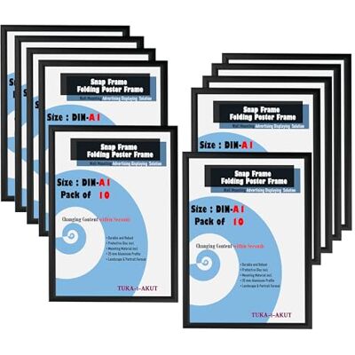 TUKA-i-AKUT 10er A1 Klapprahmen aus Aluminium 25 mm Profil, Plakatrahmen Wechselrahmen Poster Rahmen Schnapprahmen Aufklappbar mit Schutzscheibe Befestigungsmaterial, Schwarz Farbe, TKD8420-A1-10X TUKA-i-AKUT 10er A1 Klapprahmen aus Aluminium 25 mm Profil, Plakatrahmen Wechselrahmen Poster Rahmen Schnapprahmen Aufklappbar mit Schutzscheibe Befestigungsmaterial, Schwarz Farbe, TKD8420-A1-10X