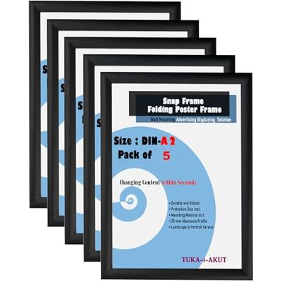 TUKA-i-AKUT 5er A2 Klapprahmen aus Aluminium 25 mm Profil, Plakatrahmen Wechselrahmen Poster Rahmen Schnapprahmen Aufklappbar mit Schutzscheibe Befestigungsmaterial, Schwarz Farbe, TKD8420-A2-5X TUKA-i-AKUT 5er A2 Klapprahmen aus Aluminium 25 mm Profil, Plakatrahmen Wechselrahmen Poster Rahmen Schnapprahmen Aufklappbar mit Schutzscheibe Befestigungsmaterial, Schwarz Farbe, TKD8420-A2-5X