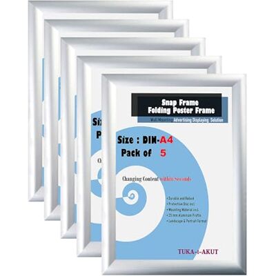 TUKA-i-AKUT 5er A4 Klapprahmen aus Aluminium 25 mm Profil, Plakatrahmen Wechselrahmen Poster Rahmen Schnapprahmen Aufklappbar mit Schutzscheibe Befestigungsmaterial, Silber Farbe, TKD8420-A4-5X TUKA-i-AKUT 5er A4 Klapprahmen aus Aluminium 25 mm Profil, Plakatrahmen Wechselrahmen Poster Rahmen Schnapprahmen Aufklappbar mit Schutzscheibe Befestigungsmaterial, Silber Farbe, TKD8420-A4-5X