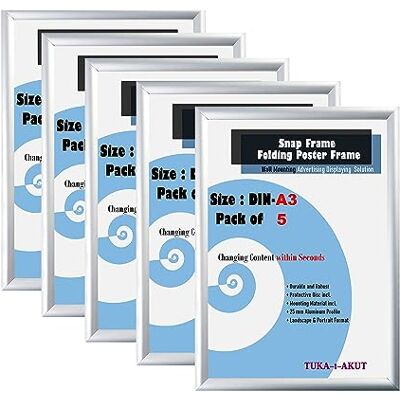 TUKA-i-AKUT 5er A3 Klapprahmen aus Aluminium 25 mm Profil, Plakatrahmen Wechselrahmen Poster Rahmen Schnapprahmen Aufklappbar mit Schutzscheibe Befestigungsmaterial, Silber Farbe, TKD8420-A3-5X TUKA-i-AKUT 5er A3 Klapprahmen aus Aluminium 25 mm Profil, Plakatrahmen Wechselrahmen Poster Rahmen Schnapprahmen Aufklappbar mit Schutzscheibe Befestigungsmaterial, Silber Farbe, TKD8420-A3-5X