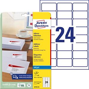 Avery J8159-25 Adressetiketten/Adressaufkleber (600 Etiketten, 63,5x33,9mm auf A4, bedruckbar, selbstklebend, für DIN B6/C6 Briefkuverts, Papier matt, Inkjet-Drucker) 25 Blatt, weiß Avery J8159-25 Adressetiketten/Adressaufkleber (600 Etiketten, 63,5x33,9mm auf A4, bedruckbar, selbstklebend, für DIN B6/C6 Briefkuverts, Papier matt, Inkjet-Drucker) 25 Blatt, weiß