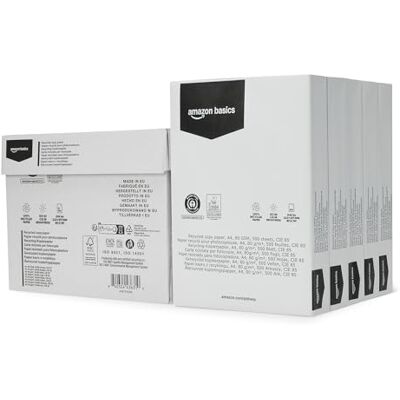 Amazon Basics Kopierpapier, 100% recycelt, A4, 80 g/m², 2500 Blatt (5 Ries), naturweiß Amazon Basics Kopierpapier, 100% recycelt, A4, 80 g/m², 2500 Blatt (5 Ries), naturweiß