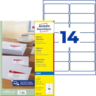 Avery J8163-25 Adressetiketten/Adressaufkleber (350 Etiketten, 99,1x38,1mm auf A4, bedruckbar, selbstklebend, für DIN lang Briefkuverts, Papier matt, Inkjet-Drucker) 25 Blatt, weiß Avery J8163-25 Adressetiketten/Adressaufkleber (350 Etiketten, 99,1x38,1mm auf A4, bedruckbar, selbstklebend, für DIN lang Briefkuverts, Papier matt, Inkjet-Drucker) 25 Blatt, weiß