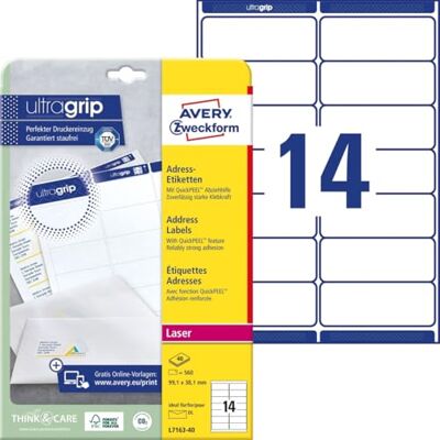 Avery L7163-40 Adressetiketten/Adressaufkleber (560 Etiketten mit ultragrip, 99,1x38,1mm auf A4, bedruckbar, selbstklebend, für DIN lang Briefkuverts, Papier matt) 40 Blatt, weiß Avery L7163-40 Adressetiketten/Adressaufkleber (560 Etiketten mit ultragrip, 99,1x38,1mm auf A4, bedruckbar, selbstklebend, für DIN lang Briefkuverts, Papier matt) 40 Blatt, weiß