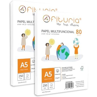 OFITURIA Packung mit 80 g A5-Blättern, 500 Blatt, weißes Multifunktionspapier für Schule und Laborals, ideal für Laserdrucker, Tintenstrahldrucker oder Kopierer OFITURIA Packung mit 80 g A5-Blättern, 500 Blatt, weißes Multifunktionspapier für Schule und Laborals, ideal für Laserdrucker, Tintenstrahldrucker oder Kopierer