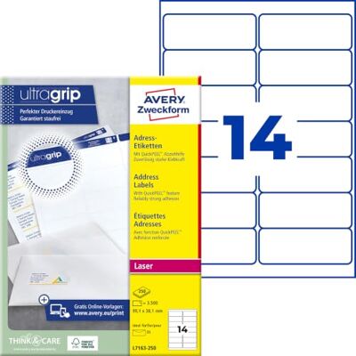 Avery L7163-250 Adressetiketten/Adressaufkleber (3.500 Etiketten mit ultragrip, 99,1x38,1mm auf A4, bedruckbar, selbstklebend, für DIN lang Briefkuverts, Papier matt) 250 Blatt, weiß Avery L7163-250 Adressetiketten/Adressaufkleber (3.500 Etiketten mit ultragrip, 99,1x38,1mm auf A4, bedruckbar, selbstklebend, für DIN lang Briefkuverts, Papier matt) 250 Blatt, weiß