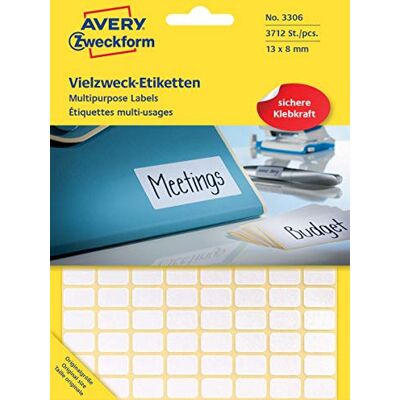 Avery 3306 Haushaltsetiketten selbstklebend (13x8mm, 3.712 Aufkleber auf 29 Bogen, Vielzweck-Etiketten für Haushalt, Schule und Büro zum Beschriften und Kennzeichnen) blanko, weiß Avery 3306 Haushaltsetiketten selbstklebend (13x8mm, 3.712 Aufkleber auf 29 Bogen, Vielzweck-Etiketten für Haushalt, Schule und Büro zum Beschriften und Kennzeichnen) blanko, weiß