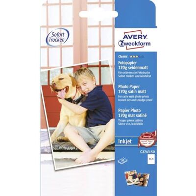 Avery C2743-50 Classic Inkjet Fotopapier (50 Blatt, 170 g/m², DIN A6, einseitig beschichtet, seidenmatt, weiß, FSC, zum Drucken von Fotos auf Tintenstrahldruckern, sofort trocknend) Avery C2743-50 Classic Inkjet Fotopapier (50 Blatt, 170 g/m², DIN A6, einseitig beschichtet, seidenmatt, weiß, FSC, zum Drucken von Fotos auf Tintenstrahldruckern, sofort trocknend)