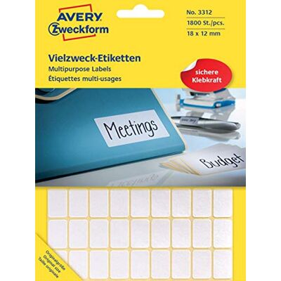 Avery 3312 Haushaltsetiketten selbstklebend (18x12mm, 1.800 Aufkleber auf 25 Bogen, Vielzweck-Etiketten für Haushalt, Schule und Büro zum Beschriften und Kennzeichnen) blanko, weiß Avery 3312 Haushaltsetiketten selbstklebend (18x12mm, 1.800 Aufkleber auf 25 Bogen, Vielzweck-Etiketten für Haushalt, Schule und Büro zum Beschriften und Kennzeichnen) blanko, weiß