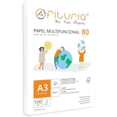 OFITURIA Packung mit 80 g A3-Blättern, 100 Blatt, weißes Multifunktionspapier für Schule und Laborals, ideal für Laserdrucker, Tintenstrahldrucker oder Kopierer OFITURIA Packung mit 80 g A3-Blättern, 100 Blatt, weißes Multifunktionspapier für Schule und Laborals, ideal für Laserdrucker, Tintenstrahldrucker oder Kopierer