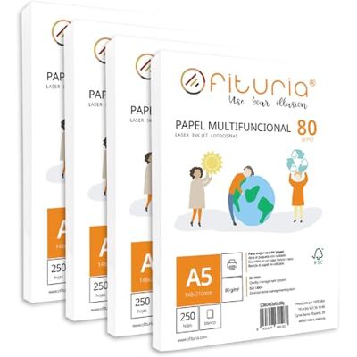 OFITURIA Packung mit 80 g A5-Blättern, 1500 Blatt, weißes Multifunktionspapier für Schule und Laborals, ideal für Laserdrucker, Tintenstrahldrucker oder Kopierer OFITURIA Packung mit 80 g A5-Blättern, 1500 Blatt, weißes Multifunktionspapier für Schule und Laborals, ideal für Laserdrucker, Tintenstrahldrucker oder Kopierer