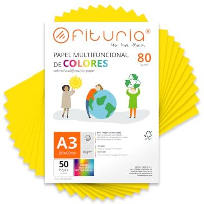 OFITURIA Buntes Papier, 50 Blatt A3 80g – Farbiges Papier für Basteln, Drucker, Scrapbooking – Farbbögen (Intensivgelb, 50 Blatt) OFITURIA Buntes Papier, 50 Blatt A3 80g – Farbiges Papier für Basteln, Drucker, Scrapbooking – Farbbögen (Intensivgelb, 50 Blatt)