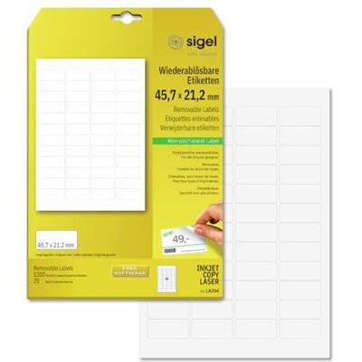 Sigel Ablösbare Etiketten 45,7 x 21,2 mm 1200 Etiketten LA204, Weiß und wieder entfernbar ohne Klebereste Sigel Ablösbare Etiketten 45,7 x 21,2 mm 1200 Etiketten LA204, Weiß und wieder entfernbar ohne Klebereste