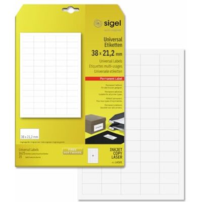 Sigel LA101 Mini-Etiketten selbstklebend, bedruckbar, weiß, z.B. Preisauszeichnung, 38 x 21,2 mm, 1625 Etiketten= 25 Blatt Sigel LA101 Mini-Etiketten selbstklebend, bedruckbar, weiß, z.B. Preisauszeichnung, 38 x 21,2 mm, 1625 Etiketten= 25 Blatt