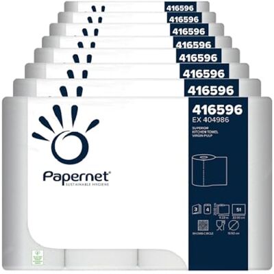 Papernet Küchenrolle 416596, Reiner Zellstoff Weiß, 3-lagige geprägte Wischtücher, 32 Rollen, 51 Blatt pro Rolle, für Lebensmittelkontakt geeignet, Made in Germany Papernet Küchenrolle 416596, Reiner Zellstoff Weiß, 3-lagige geprägte Wischtücher, 32 Rollen, 51 Blatt pro Rolle, für Lebensmittelkontakt geeignet, Made in Germany