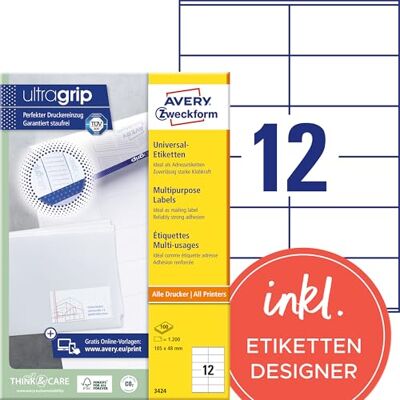 Avery 3424 Adressaufkleber (1.200 Klebeetiketten, 105x48mm auf A4, Papier matt, individuell bedruckbare Absenderetiketten, selbstklebende Adressetiketten mit ultragrip) 100 Blatt, weiß Avery 3424 Adressaufkleber (1.200 Klebeetiketten, 105x48mm auf A4, Papier matt, individuell bedruckbare Absenderetiketten, selbstklebende Adressetiketten mit ultragrip) 100 Blatt, weiß