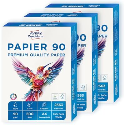 Avery 2563 Drucker-/Kopierpapier (1.500 Blatt, 90 g/m², DIN A4 Papier, hochweiß, für alle Drucker) 1 Box mit 3 Pack Avery 2563 Drucker-/Kopierpapier (1.500 Blatt, 90 g/m², DIN A4 Papier, hochweiß, für alle Drucker) 1 Box mit 3 Pack