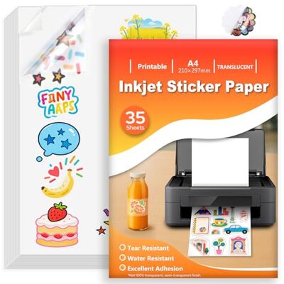 Euqvunn 35 Sheets Stickerpapier zum Selbst Drucken A4, Transluzent Wasserdicht Bedruckbares Vinyl Sticker Papier, Selbstklebende Vollseite für Inkjet-Drucker, Schnelltrocknend, 210x297mm Euqvunn 35 Sheets Stickerpapier zum Selbst Drucken A4, Transluzent Wasserdicht Bedruckbares Vinyl Sticker Papier, Selbstklebende Vollseite für Inkjet-Drucker, Schnelltrocknend, 210x297mm