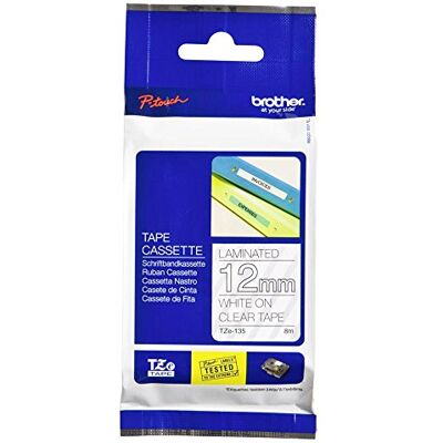 Brother Original P-touch TZe-135 Schriftband (Bandfarbe: Transparent, Schriftfarbe:Weiß, laminiert), 8mx 12mm Brother Original P-touch TZe-135 Schriftband (Bandfarbe: Transparent, Schriftfarbe:Weiß, laminiert), 8mx 12mm