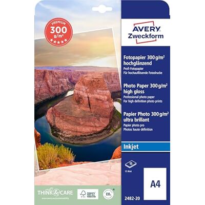 Avery Art. 2482-20 Premium Inkjet Fotopapier (15 Blatt, 300 g/m², DIN A4, hochglänzende Fotokarten, einseitig beschichtet, sofort trocken & wischfest, Fotoblätter für Inkjet-Drucker) weiß Avery Art. 2482-20 Premium Inkjet Fotopapier (15 Blatt, 300 g/m², DIN A4, hochglänzende Fotokarten, einseitig beschichtet, sofort trocken & wischfest, Fotoblätter für Inkjet-Drucker) weiß
