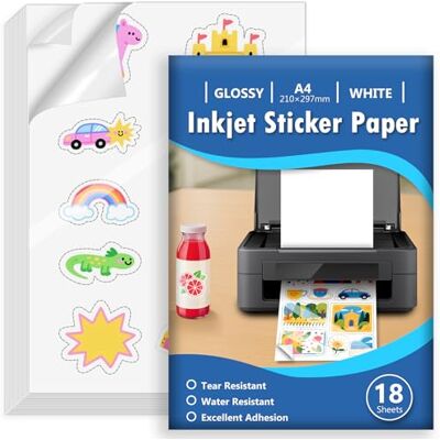 Euqvunn 18 Sheets Stickerpapier zum Selbst Drucken A4, Glänzend Weiß Wasserdicht Bedruckbares Vinyl Sticker Papier, Selbstklebende Vollseite für Inkjet-Drucker, Schnelltrocknend, 210x297mm Euqvunn 18 Sheets Stickerpapier zum Selbst Drucken A4, Glänzend Weiß Wasserdicht Bedruckbares Vinyl Sticker Papier, Selbstklebende Vollseite für Inkjet-Drucker, Schnelltrocknend, 210x297mm