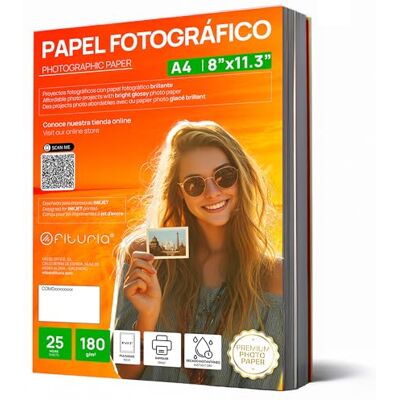 OFITURIA Fotopapier A4 Glänzend – Hohe Auflösung, Soforttrocknend, 180 g/m², Kompatibel mit Tintenstrahldruckern – 25 Blatt OFITURIA Fotopapier A4 Glänzend – Hohe Auflösung, Soforttrocknend, 180 g/m², Kompatibel mit Tintenstrahldruckern – 25 Blatt
