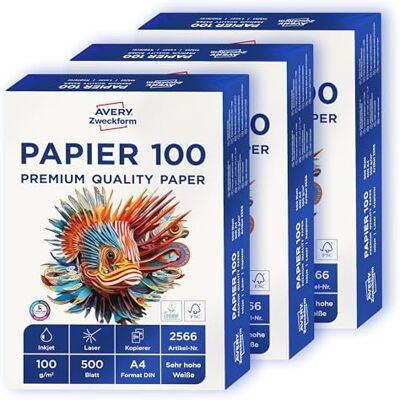 Avery 2566 Drucker-/Kopierpapier (1.500 Blatt, 100 g/m², DIN A4 Papier, hochweiß, für alle Drucker) 1 Box mit 3 Pack Avery 2566 Drucker-/Kopierpapier (1.500 Blatt, 100 g/m², DIN A4 Papier, hochweiß, für alle Drucker) 1 Box mit 3 Pack