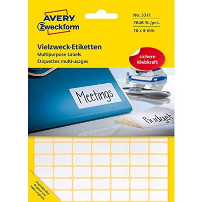 Avery 3311 Haushaltsetiketten selbstklebend (16x9mm, 2.646 Aufkleber auf 27 Bogen, Vielzweck-Etiketten für Haushalt, Schule und Büro zum Beschriften und Kennzeichnen) blanko, weiß Avery 3311 Haushaltsetiketten selbstklebend (16x9mm, 2.646 Aufkleber auf 27 Bogen, Vielzweck-Etiketten für Haushalt, Schule und Büro zum Beschriften und Kennzeichnen) blanko, weiß