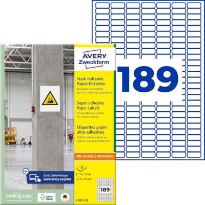 Avery L7871-20 Stark haftende Etiketten (3.780 Aufkleber, 25,4x10mm auf A4, extrem stark selbstklebend, auch für schwierige Oberflächen, bedruckbare Power Klebeetiketten) 20 Blatt, weiß Avery L7871-20 Stark haftende Etiketten (3.780 Aufkleber, 25,4x10mm auf A4, extrem stark selbstklebend, auch für schwierige Oberflächen, bedruckbare Power Klebeetiketten) 20 Blatt, weiß