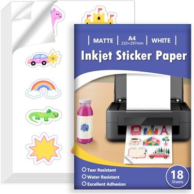 Euqvunn 18 Sheets Stickerpapier zum Selbst Drucken A4, Matte Weiß Wasserdicht Bedruckbares Vinyl Sticker Papier, Selbstklebende Vollseite für Inkjet-Drucker, Schnelltrocknend, 210x297mm Euqvunn 18 Sheets Stickerpapier zum Selbst Drucken A4, Matte Weiß Wasserdicht Bedruckbares Vinyl Sticker Papier, Selbstklebende Vollseite für Inkjet-Drucker, Schnelltrocknend, 210x297mm
