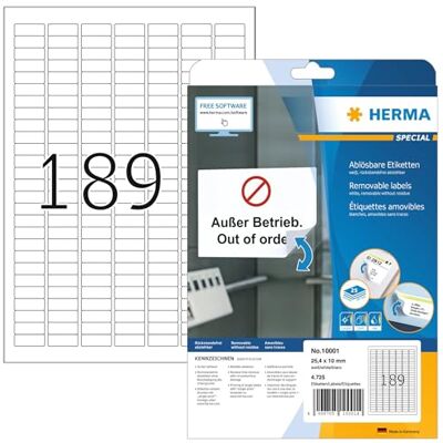 Herma 10001 Universal Etiketten ablösbar, 25 Blatt, 25,4 x 10 mm, 189 pro A4 Bogen, 4725 Stück, selbstklebend, bedruckbar, matt, blanko Papier Klebeetiketten Aufkleber, weiß Herma 10001 Universal Etiketten ablösbar, 25 Blatt, 25,4 x 10 mm, 189 pro A4 Bogen, 4725 Stück, selbstklebend, bedruckbar, matt, blanko Papier Klebeetiketten Aufkleber, weiß