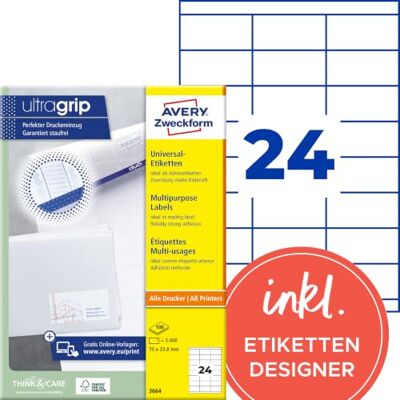 Avery 3664 Adressaufkleber (2.400 Klebeetiketten, 70x33,8mm auf A4, Papier matt, individuell bedruckbare Absenderetiketten, selbstklebende Adressetiketten mit ultragrip) 100 Blatt, weiß Avery 3664 Adressaufkleber (2.400 Klebeetiketten, 70x33,8mm auf A4, Papier matt, individuell bedruckbare Absenderetiketten, selbstklebende Adressetiketten mit ultragrip) 100 Blatt, weiß