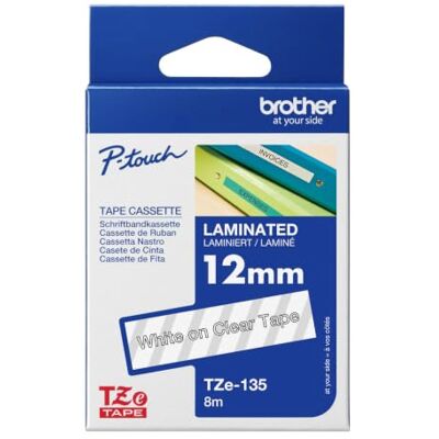 Brother Original P-touch TZe-135 Schriftband (Bandfarbe: Transparent, Schriftfarbe:Weiß, laminiert), 8mx 12mm Brother Original P-touch TZe-135 Schriftband (Bandfarbe: Transparent, Schriftfarbe:Weiß, laminiert), 8mx 12mm