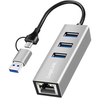 Logilink 2in1 USB-A & USB-C (3.2 Gen1) Hub zu Netzwerk (RJ45) Adapter mit 3X USB-A, unterstützt Thunderbolt 3/4 Logilink 2in1 USB-A & USB-C (3.2 Gen1) Hub zu Netzwerk (RJ45) Adapter mit 3X USB-A, unterstützt Thunderbolt 3/4