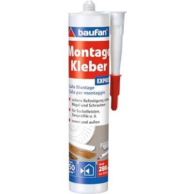 Baufan Montagekleber 280ml Express in der praktischen Kartusche gebrauchsfertig universeller Alleskleber für Holz, Kabelkanäle, Dämmplatten, Keramik, PVC lösungsmittelfrei weiß Baufan Montagekleber 280ml Express in der praktischen Kartusche gebrauchsfertig universeller Alleskleber für Holz, Kabelkanäle, Dämmplatten, Keramik, PVC lösungsmittelfrei weiß