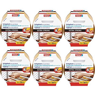 tesa 6 Stück doppelseitiges Verlegeband/Extra stark klebend für alle Teppiche und PVC Beläge/Für Fußbodenheizung und feuchte Räume geeignet / 50mm x 5m tesa 6 Stück doppelseitiges Verlegeband/Extra stark klebend für alle Teppiche und PVC Beläge/Für Fußbodenheizung und feuchte Räume geeignet / 50mm x 5m